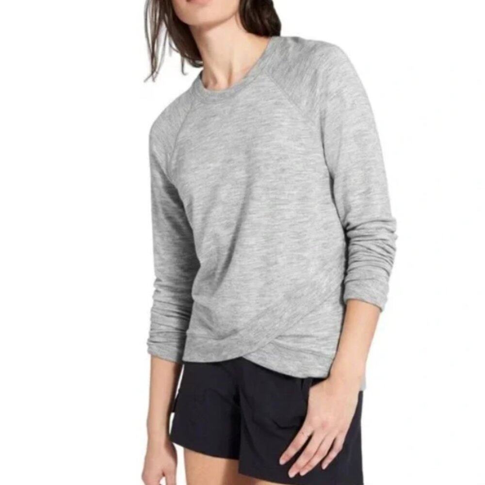 Athleta Criss Cross Pullover Sweatshirt Top Light Gray Stretchy Modal 489051